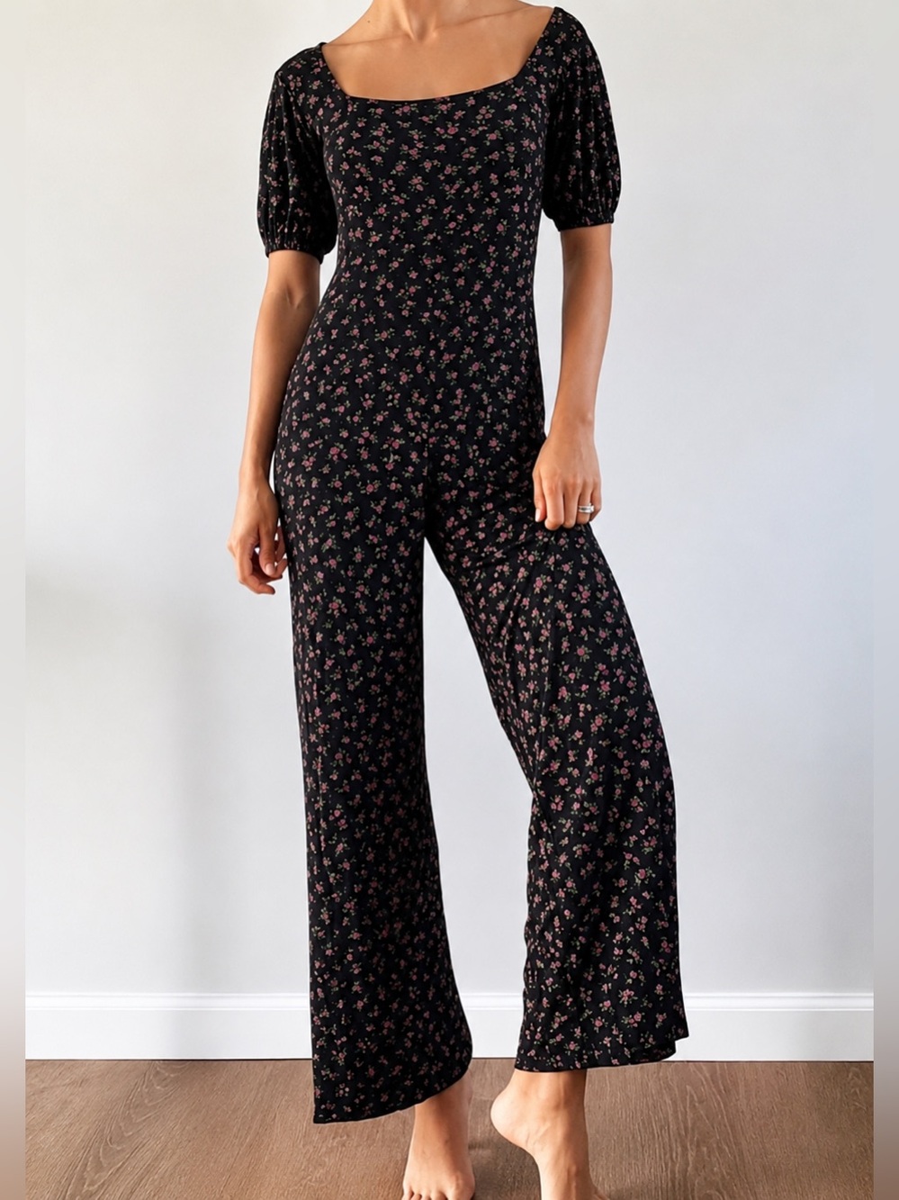 Nasty Gal black floral jumpsuit, size 2